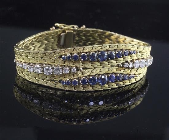 A gold sapphire and diamond set weave link bracelet,